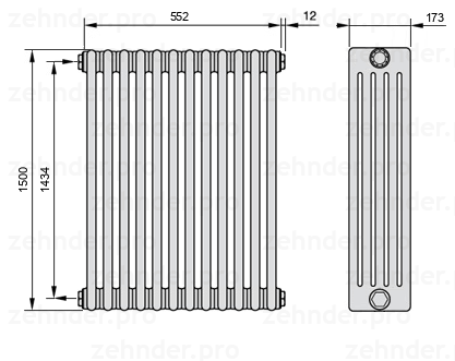 Схема (чертеж) Радиатор Zehnder Charleston 5150/12 №1270 Белый глянцевый RAL 9016